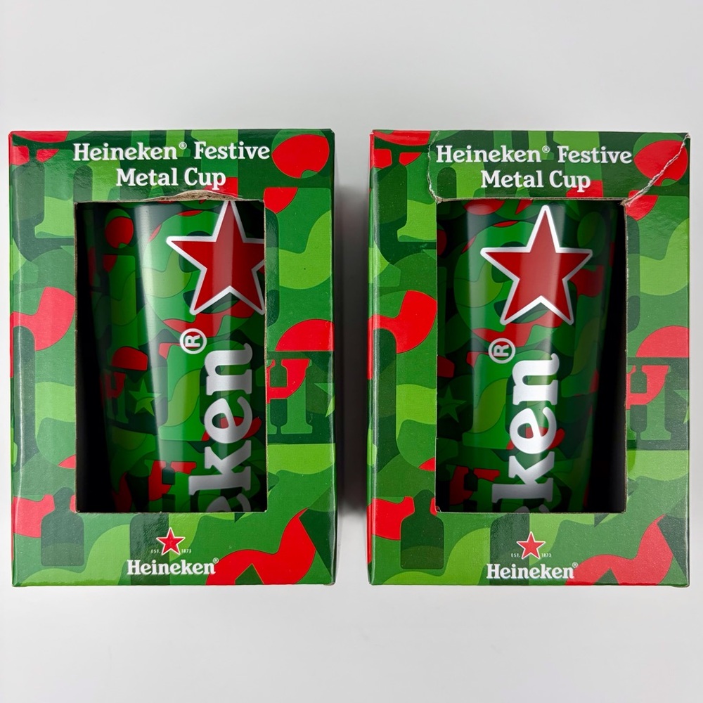 Heineken Festive Metal Cup Lot of Two NIB, Christmas Beer Advertising Nonbreak